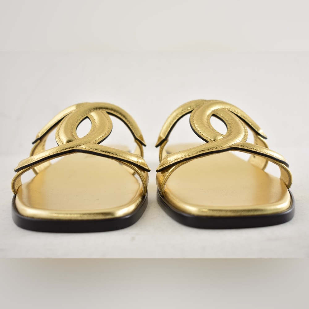 Chanel 26S Golden Gold Cracked Leather XL CC Logo Mule Slide Flat Sandal 37 - Picture 9 of 16